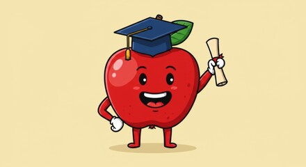Cheerful apple character celebrates graduation with diploma and cap