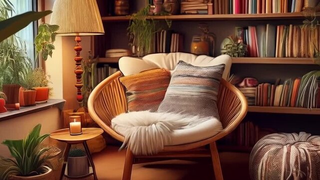 Boho-Leseecke mit Stehlampe und B&uuml;cherregal