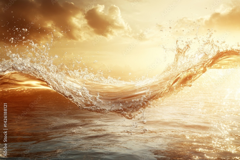 Aufkleber golden sunlight reflects on waves splashing across a serene ocean at dusk, creating a vivid and tran