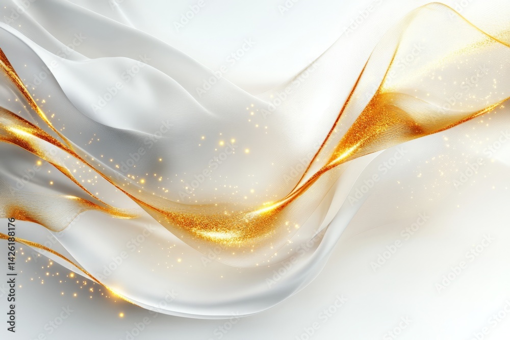 Aufkleber elegant flowing fabric with golden accents and shimmering particles on a soft white background