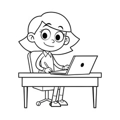 girl office work cartoon character line art vector