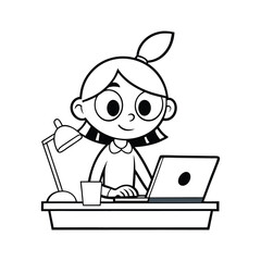girl office work cartoon character line art vector