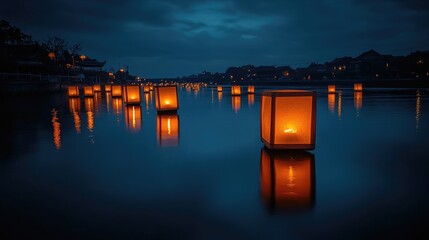 A long exposure shot of floating lanterns gliding across the river.