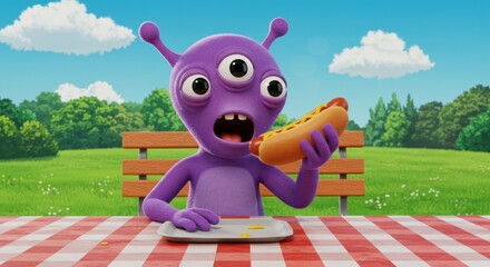Purple alien enjoys a hot dog in a sunny park setting with green trees