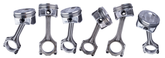 st collection of pistonand  connecting  con rod made of metal isolated on white background. car engine or motor spare part repair service concept