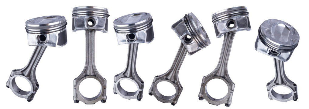st collection of pistonand  connecting  con rod made of metal isolated on white background. car engine or motor spare part repair service concept
