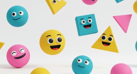 Colorful geometric shapes and cheerful faces in playful arrangement