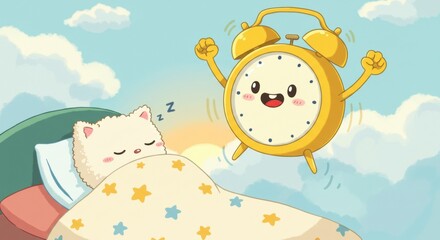 Cheerful alarm clock wakes sleeping cat in colorful bedroom setting