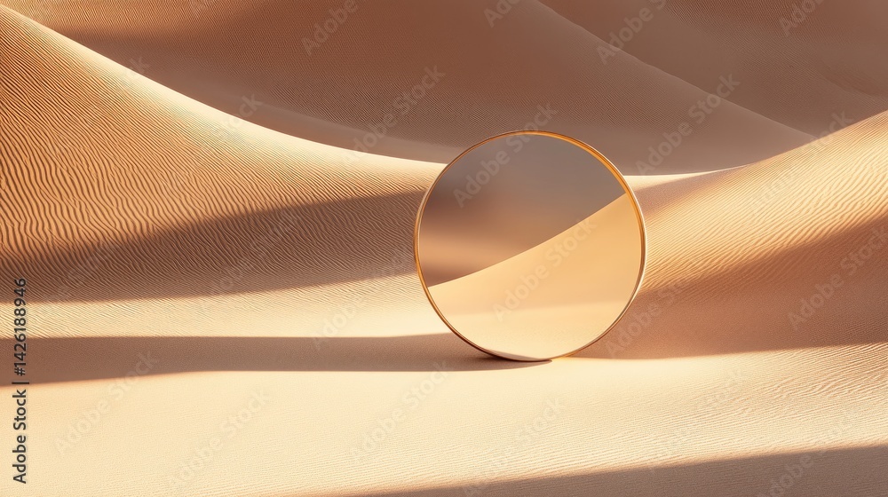 Poster a contemporary abstract design featuring a round mirror in a desert setting, capturing the interplay