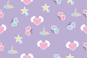 seamless pattern with hearts butterflies, moons, stars, clouds.
