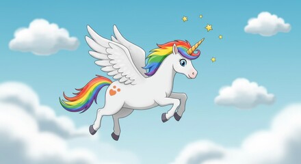 Colorful unicorn flying through a bright sky surrounded by fluffy clouds