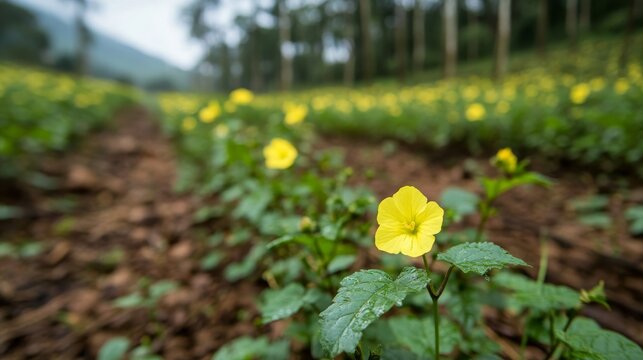 Vibrant yellow flowers bloom amidst lush green foliage in a tropical forest, creating a serene and colorful atmosphere. Perfect for nature lovers seeking tranquility