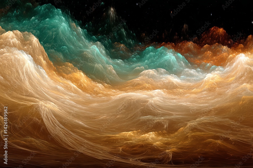 Poster colorful swirling clouds create a surreal landscape under a dark starry sky in an abstract represent