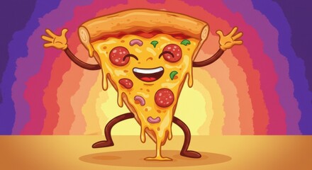 Cheerful animated pizza character dancing with joy in vibrant background