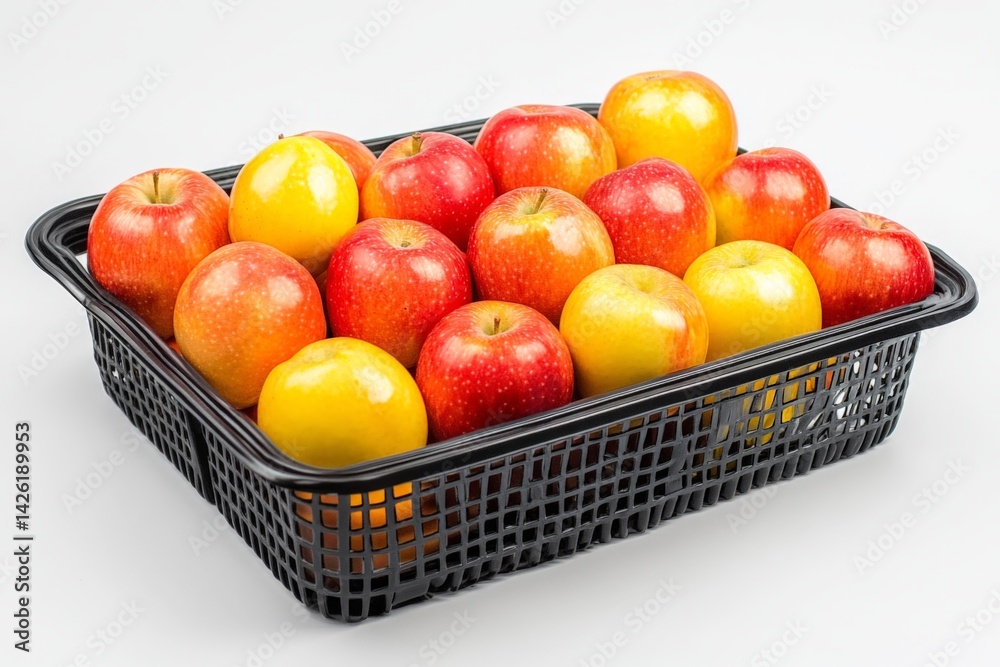 Poster fresh apples arranged in a black basket, showcasing vibrant red and yellow varieties in a well-lit s