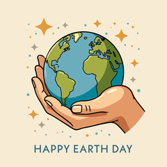 Illustration of hands holding the Earth with stars around