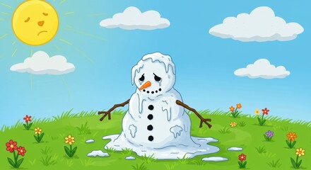 Melting snowman under the sun during springtime in a cheerful landscape