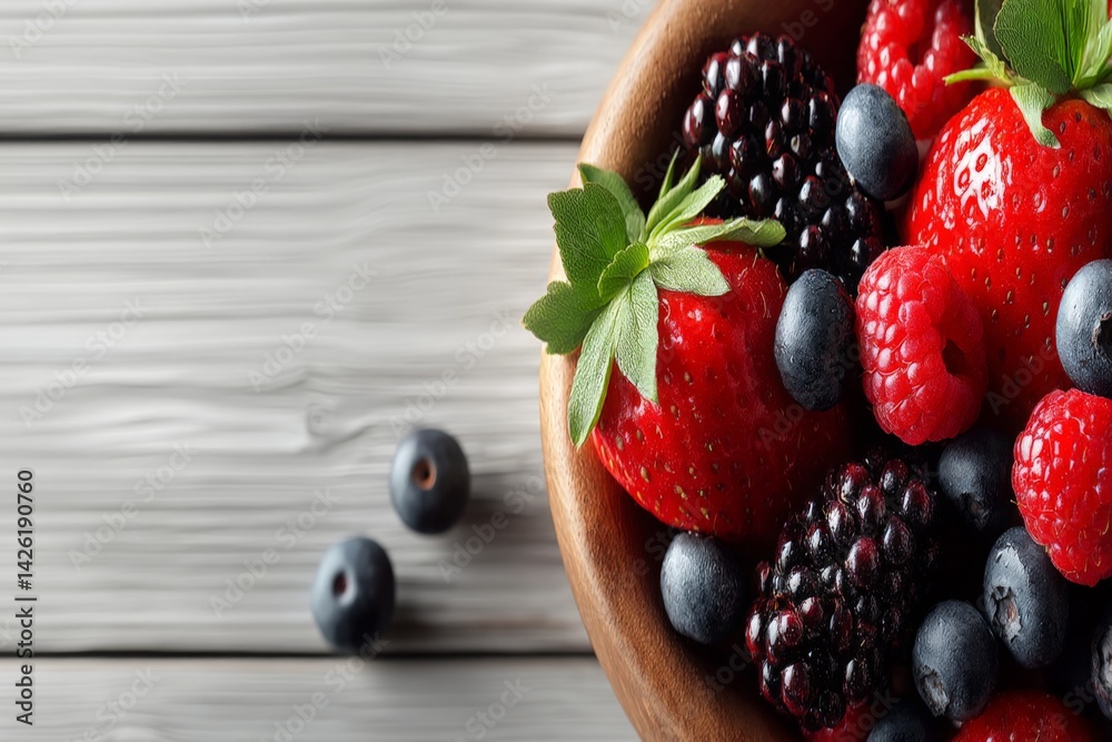 Aufkleber fresh berries displayed in a rustic wooden bowl on a weathered table for a healthy snack in natural 