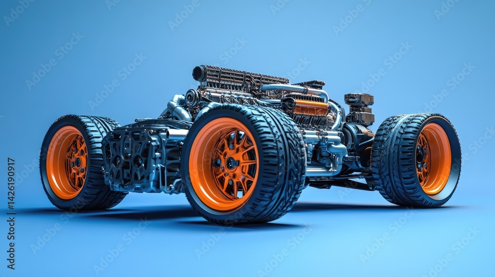 Poster A detailed high-performance engine model with orange tires and intricate features, isolated on a blue background, emphasizing modern engineering and design.
