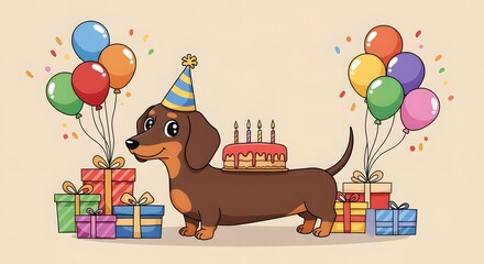Naklejka premium Celebrating Birthday Cartoon Dachshund Dog with Cake, Balloons and Gifts