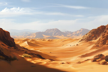 Naklejka premium Desert landscape with sand dunes and rocky hills under a blue sky.