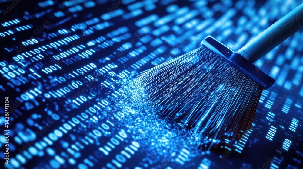 Poster A digital cleaning broom sweeping binary code from a computer screen, symbolizing the removal of outdated or incorrect data for a clean digital workspace.