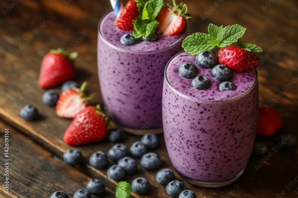 Poster refreshing berry smoothie served in clear glasses with garnishes on a rustic wooden table