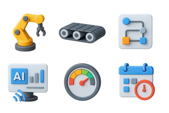 Automation and workflow 3d icon set – streamline industrial processes and digital efficiency symbols for enhanced productivity: robotic arm, conveyor belt, flowchart, ai chart, speedometer, calendar