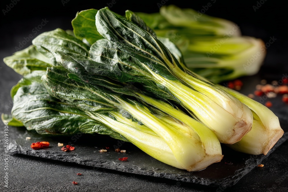 Poster fresh green bok choy arranged on a dark slate surface with spices in the background