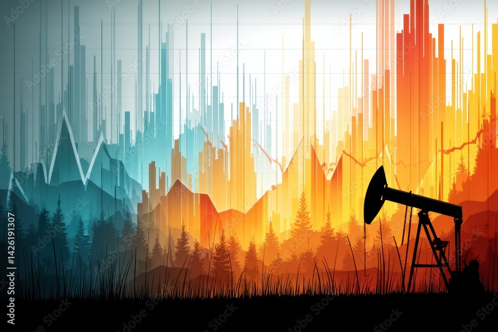 Aufkleber oil price fluctuations depicted through graph transitioning into oil well silhouette with colorful b