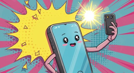 Smartphone character takes a selfie against a vibrant comic book background