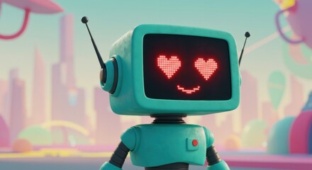 Robot with a friendly expression and heart eyes in a colorful city setting