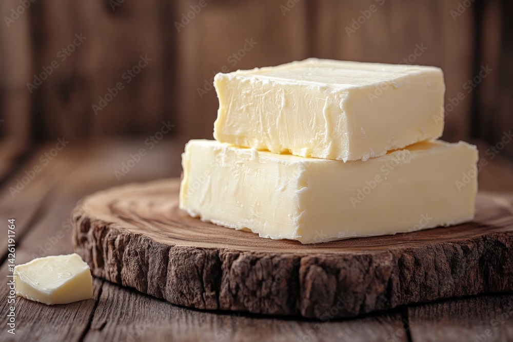 Poster freshly cut butter blocks on a wooden cutting board in a rustic kitchen setting