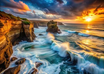 Fototapeta premium Dramatic Long Exposure Waves Crashing Cliff Rocks, Coastal Photography, Ocean Seascape, Nature, Sea Power, Stunning Landscape