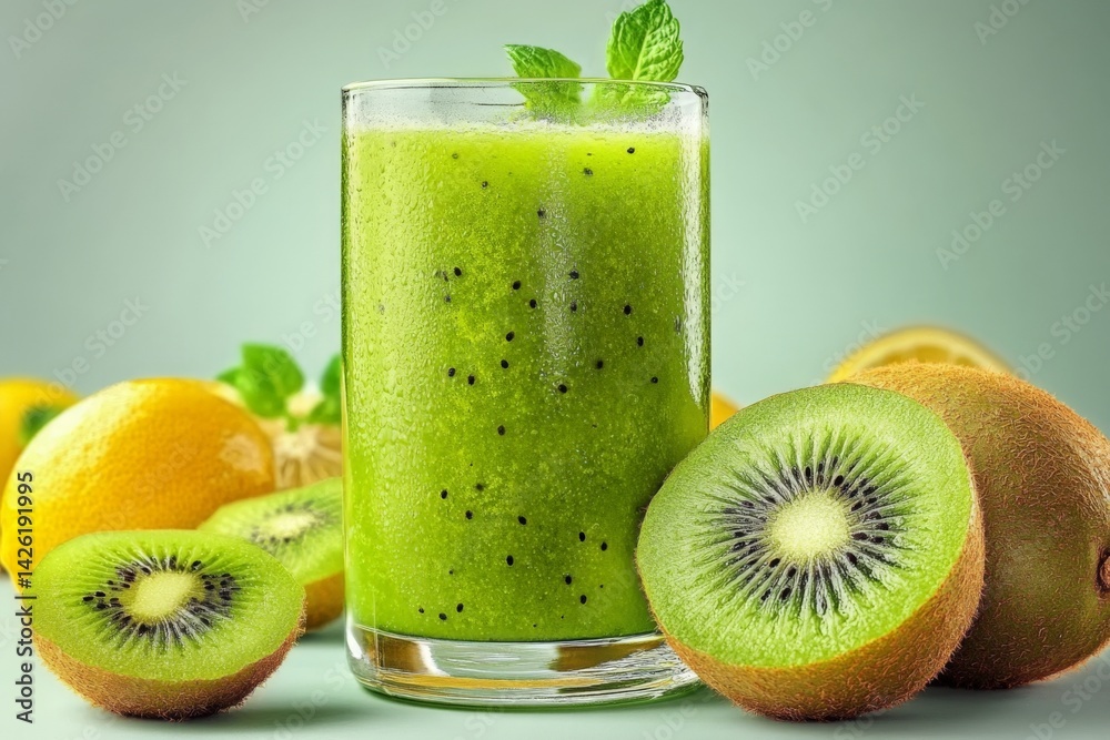 Poster Refreshing green smoothie made with kiwi and lemon on a light background