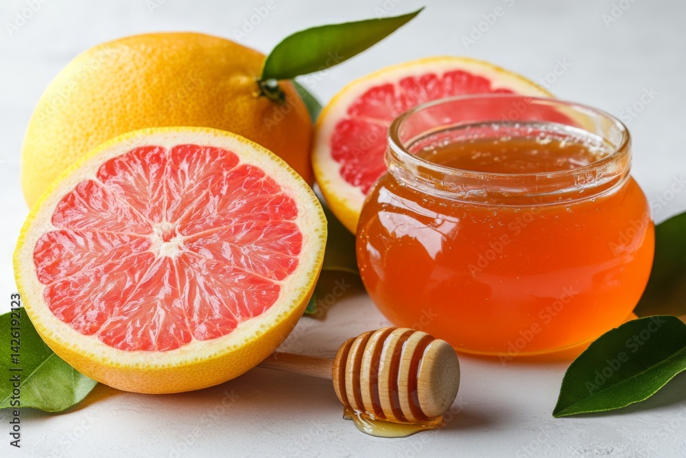 Aufkleber Refreshing grapefruit slices with honey in a natural setting for a healthy snack option