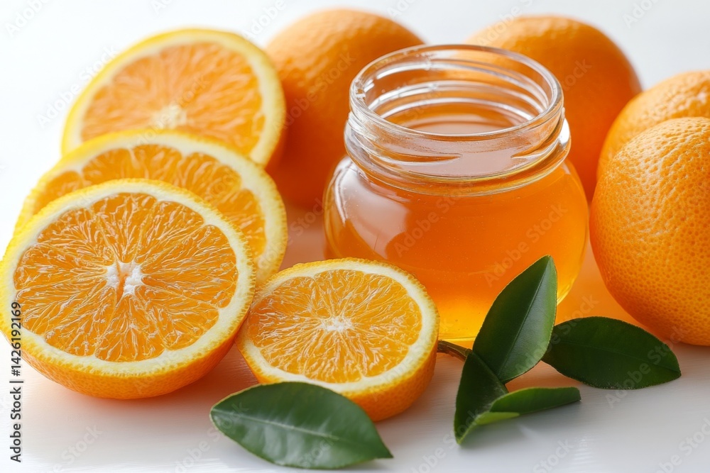 Poster freshly sliced oranges with honey jar and green leaves arranged on a plain surface