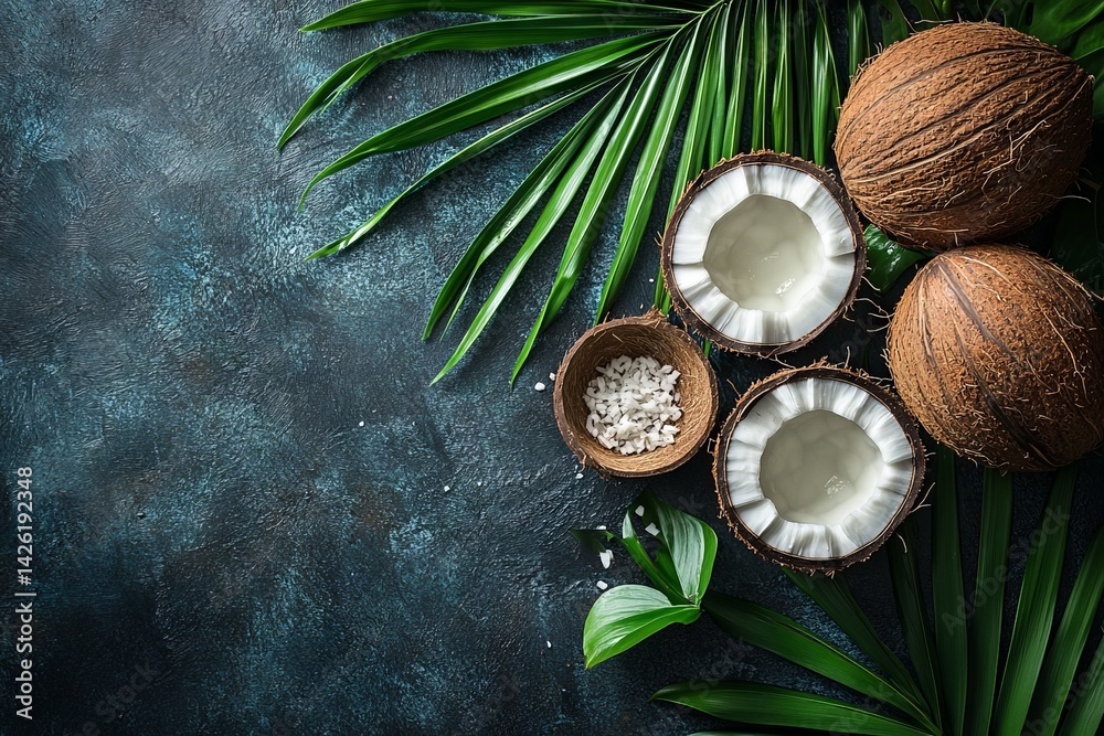 Poster fresh coconuts with green palm leaves arranged on a dark surface showcasing natural textures and tro
