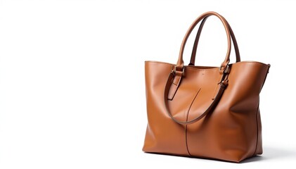 Brown leather tote bag isolated on white background, texture, close-up, isolated