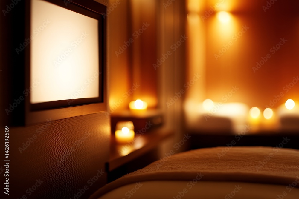 Poster Serene spa room features an empty canvas frame and softly glowing candles, creating a tranquil atmosphere perfect for relaxation and unwinding