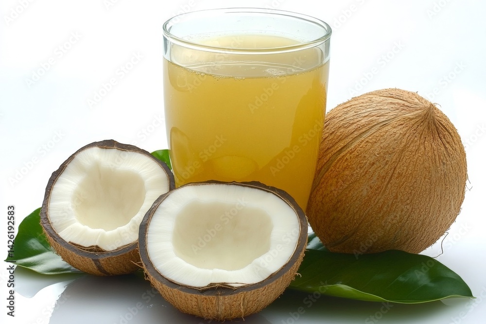 Poster fresh coconut juice served with whole and halved coconuts on a leaf for a tropical refreshment