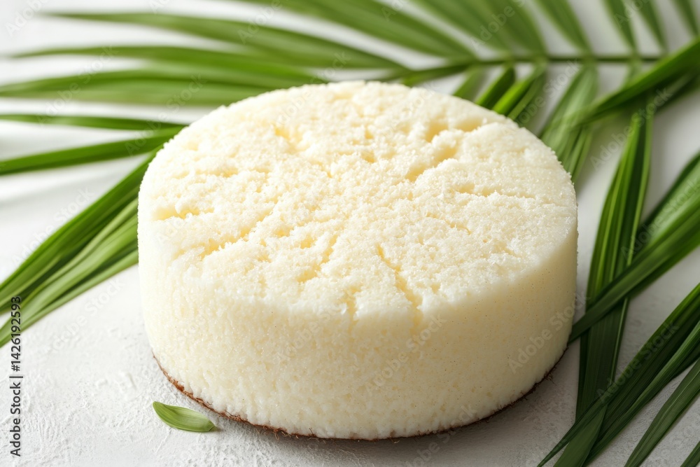 Aufkleber freshly made cheese displayed on a textured surface surrounded by tropical foliage