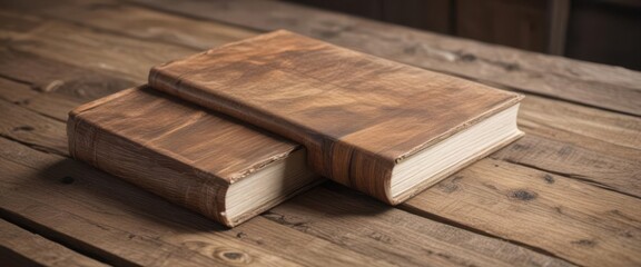 Fototapeta premium Three book cover mockups on rustic wood; varying sizes, aged texture , design, three, wood grain