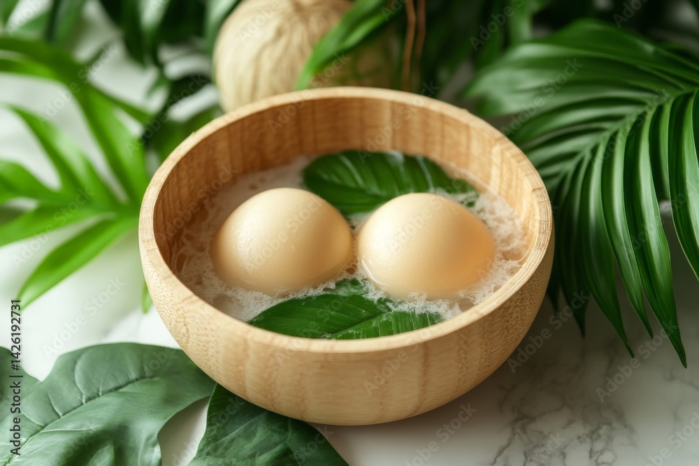 Poster decorative bowl with eggs and tropical leaves arranged on a marble surface features natural elegance