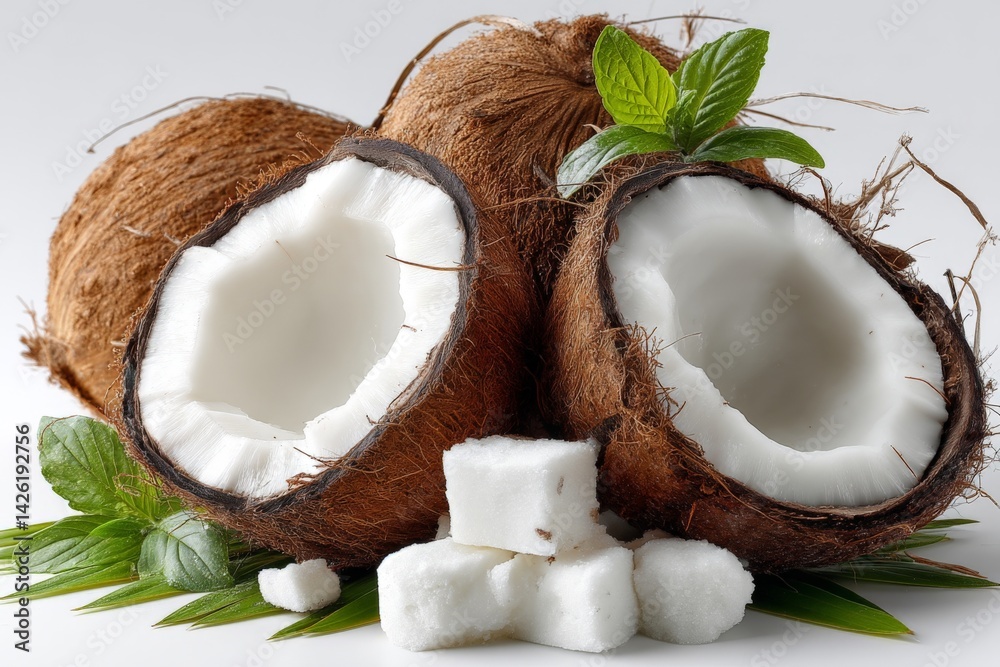 Poster coconuts with fresh mint and sugar cubes displayed on a clean white background for a tropical culina