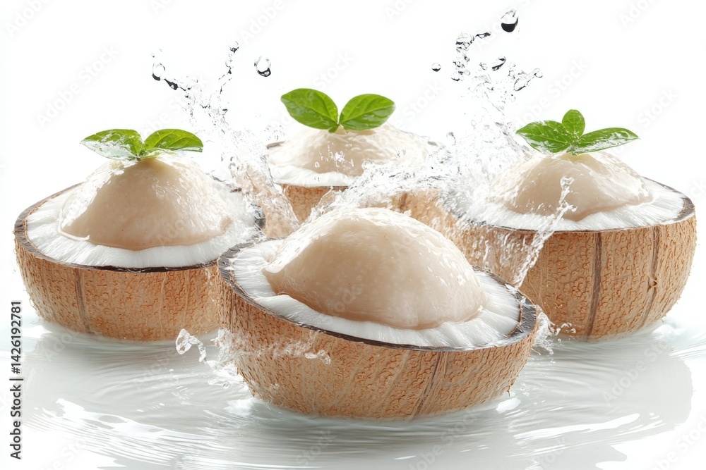 Poster coconut dessert with splashes of water in a bright setting during the afternoon