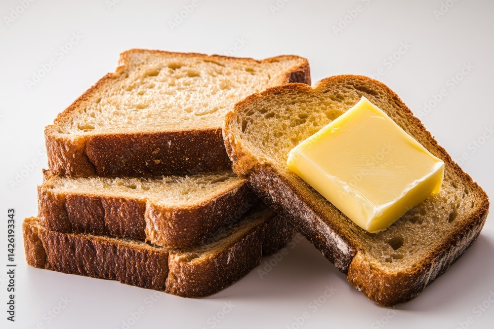Poster freshly sliced whole grain bread with butter on a light background