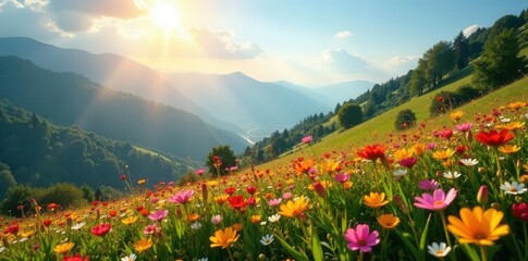 Fototapeta premium Sun-drenched hillside awash with colorful spring blooms , field, landscape, sunlight