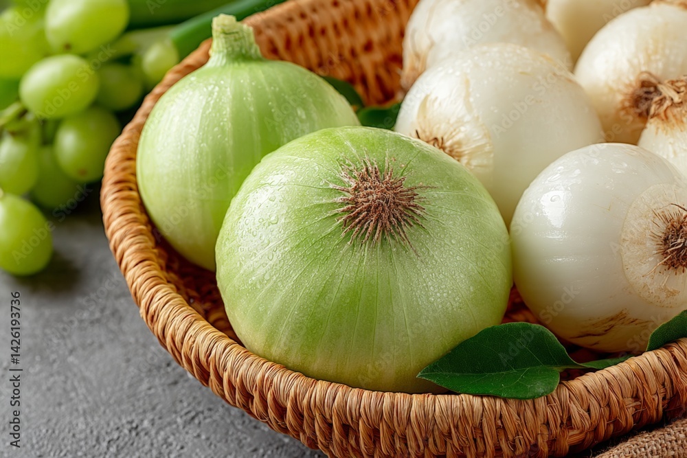 Poster fresh onions arranged in a woven basket alongside green grapes on a textured surface
