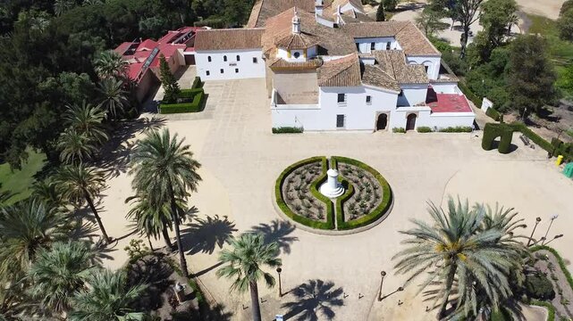 Aerial drone view of Santa Maria monastery in La Rabida. Rabida Monastery is a Franciscan monastery in the village of Palos de la Frontera, Huelva